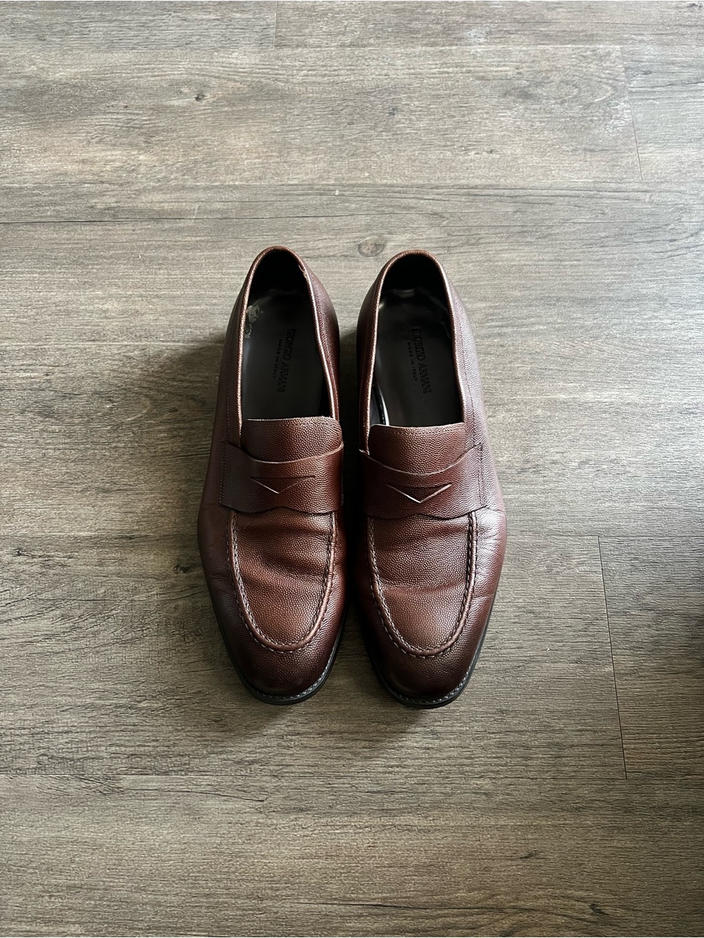 Giorgio Armani men’s penny loafers brown textured calf leather made in Italy
